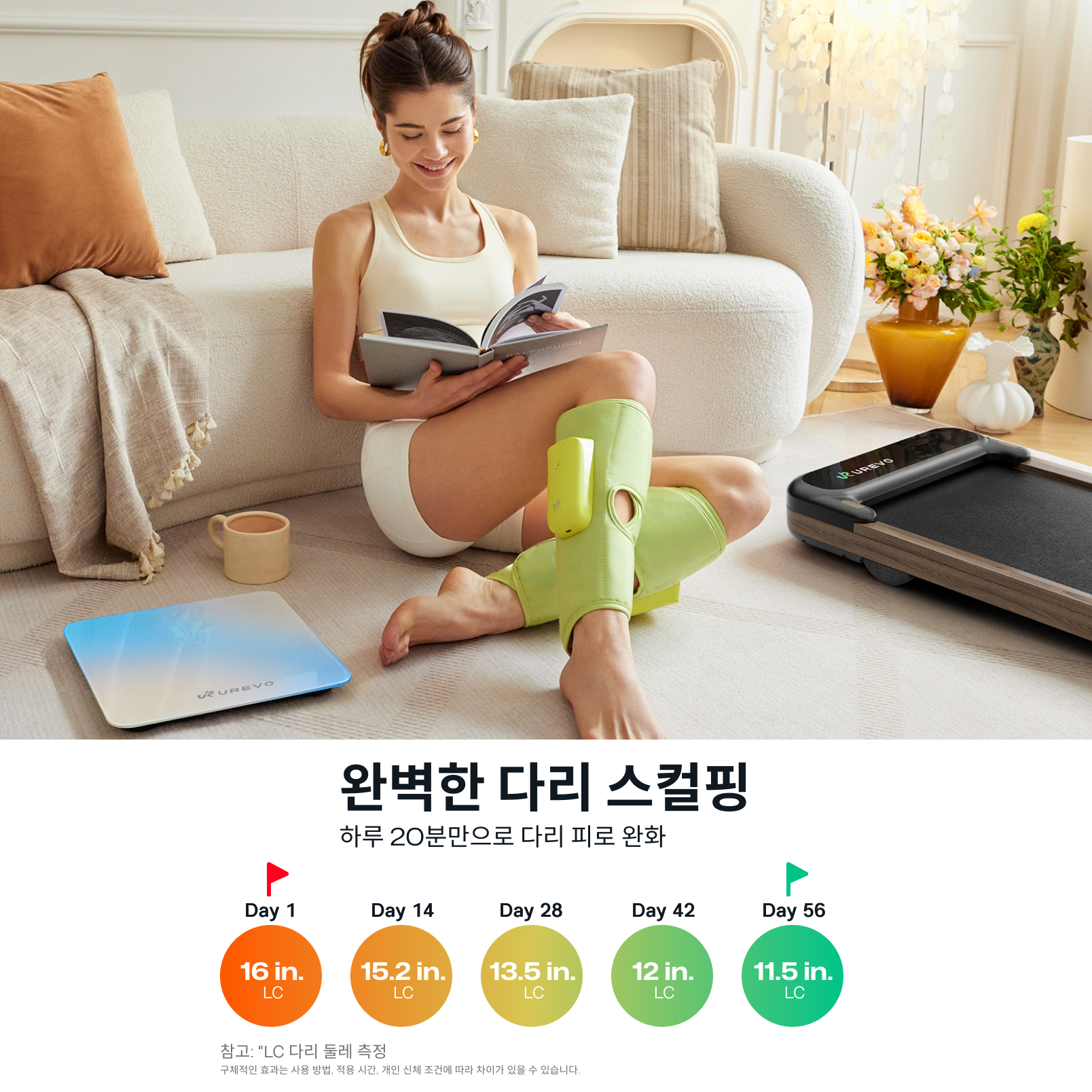 여성이 UREVO 케어 무선 다리 마사지기를 사용하여 휴식을 취하고, 아늑한 소파에서 책을 읽고 있습니다.
